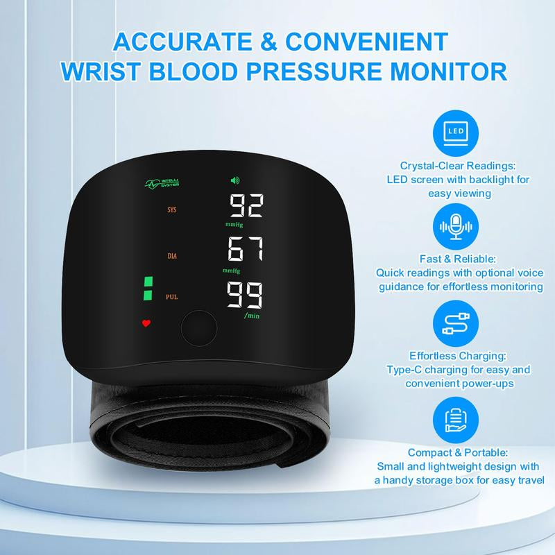Wrist Blood Pressure Monitor Led Display, Touch Screen Wrist Blood Pressure Cuff 99X2 Reading Memory Wrist Bp Monitor with Carrying Case(Black) Health Monitoring Adjustable
