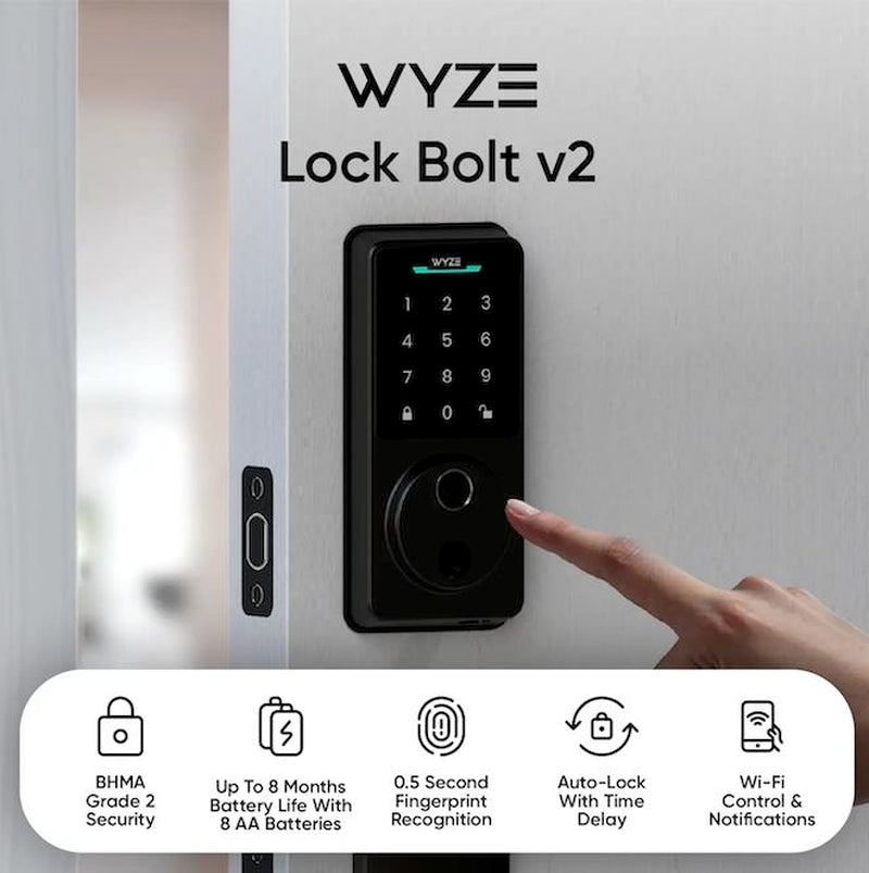 Wyze Lock Bolt V2 — Fingerprint Keyless Security Lock, Smart Wi-Fi + Bluetooth Deadbolt Replacement, IPX5 Weatherproof, Auto-Lock, Smartphone Control, Keypad