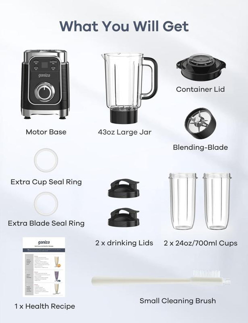 Black Friday Ganiza Professional Smoothie Blender 1800W Peak Power 8 Auto Programs 64Oz Large Capacity for Frozen Fruits Ice Shakes & Smoothies Nutritious Multifunctional Juicer Dishwasher Safe